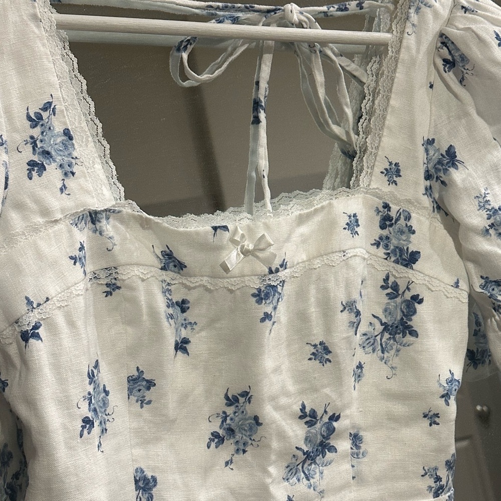 Reformation Evianna Linen Dress White and Blue Floral Mini Dress - Picture 6 of 9